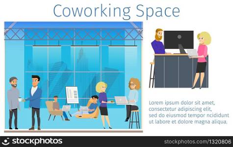 Group of Freelancer in Coworking Studio Banner. Work in Shared Workspace. Smiling Character Freelance Team Working by Laptop, Talking, Meeting in Open Space. Flat Cartoon Vector Illustration. Group of Freelancer in Coworking Studio Banner