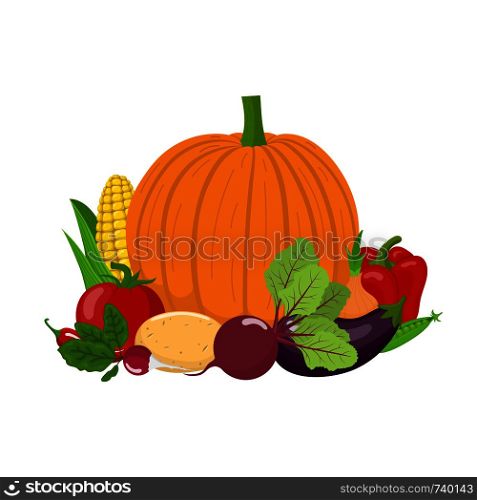 Group of fresh vegetables isolated on white background. Pumpkin, tomato, corn, bell pepper, potato, radish, beet, chilli pepper, eggplant, pea. Organic food. Cartoon style. Vector illustration.