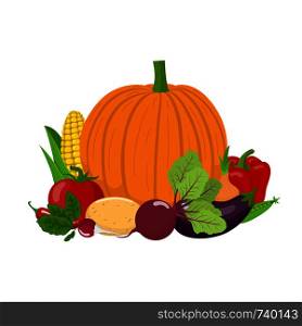 Group of fresh vegetables isolated on white background. Pumpkin, tomato, corn, bell pepper, potato, radish, beet, chilli pepper, eggplant, pea. Organic food. Cartoon style. Vector illustration.