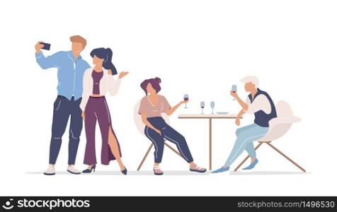 Group of friends at restaurant flat color vector faceless characters. Men and women taking selfie and drinking red wine isolated cartoon illustration for web graphic design and animation. Group of friends at restaurant flat color vector faceless characters