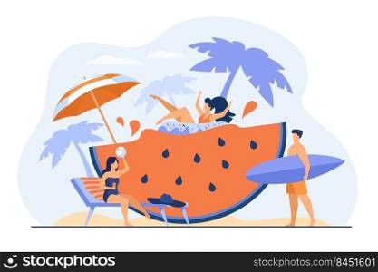 Group of friends enjoying summer activities, having fun at beach or pool party, drinking cocktail, floating with rubber ring on huge watermelon slice. Vacation, travel, leisure concept.