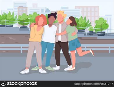 Group of friends flat color vector illustration. People hug and stand together. Student friendship and unity. Multi racial community 2D cartoon characters with landscape on background. Group of friends flat color vector illustration