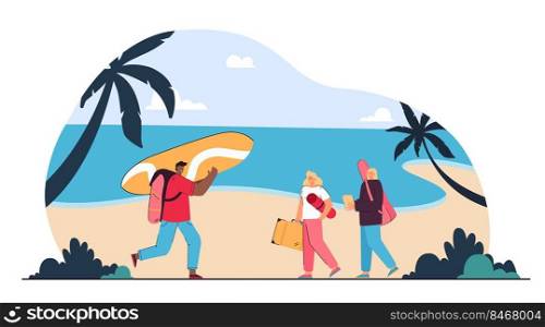 Group of friends going to relax on beach. Flat vector illustration. Surfer with board, girls with guitar and tourist rug going to sunbathe, swim, relax. Holidays, tourism, recreation, resort concept