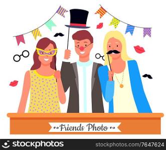 Group of friends posing with photo booth props. Paper glasses, cylinder hat, red clown nose and other party accessories and decoration. Teenage boy and girls in funny costumes vector illustration. Friends Posing for Photo with Accessories Vector