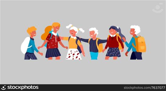 Group of friends schoolchildren character are laughing and talking. Stylish smiling boys and girls. Friendly group of go in school to study. Colorful cartoon concept vector illustration. Group of friends schoolchildren character are laughing and talking. Stylish smiling boys and girls. Friendly group of go in school to study