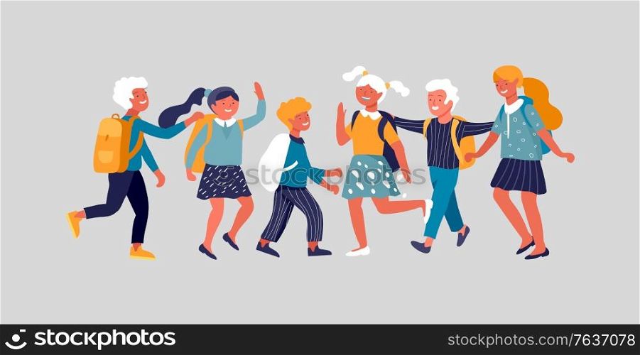 Group of friends schoolchildren character are laughing and talking. Stylish smiling boys and girls. Friendly group of go in school to study. Colorful cartoon concept vector illustration. Group of friends schoolchildren character are laughing and talking. Stylish smiling boys and girls. Friendly group of go in school to study