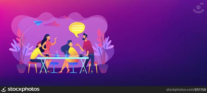 Group of friends sitting at the table talking, drinking coffee and tea, tiny people. Friends meeting, cheer up friend, friendship support concept. Header or footer banner template with copy space.. Friends meeting concept banner header.