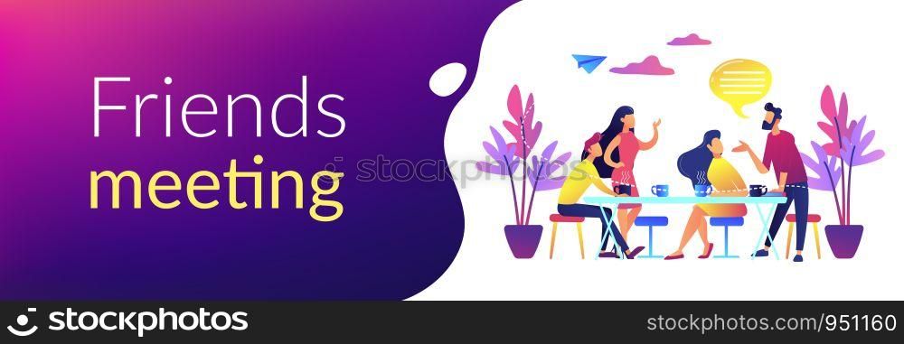 Group of friends sitting at the table talking, drinking coffee and tea, tiny people. Friends meeting, cheer up friend, friendship support concept. Header or footer banner template with copy space.. Friends meeting concept banner header.