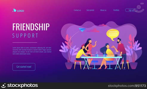 Group of friends sitting at the table talking, drinking coffee and tea, tiny people. Friends meeting, cheer up friend, friendship support concept. Website vibrant violet landing web page template.. Friends meeting concept landing page.
