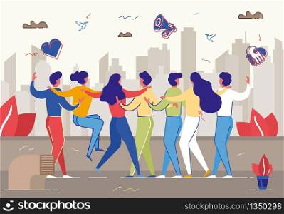 Group of Friends Stand in Raw Hugging and Cheering on Roof with Beautiful City View. Holiday Celebration, Friendship, Human Relations. Young Men and Women Meeting. Cartoon Flat Vector Illustration. Group of Friends Stand in Raw Hugging on Roof