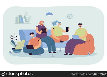 Group of friends with digital devices meeting at home, sitting together. People using laptops, tablet, mobile phone for internet and social media browsing, For communication, public access concept