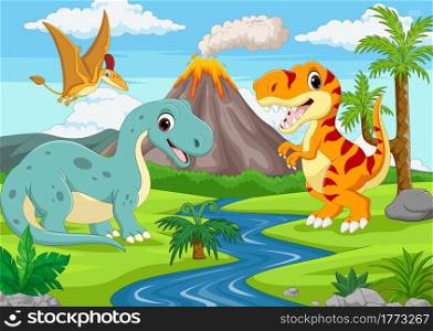 Group of funny cartoon dinosaurs in the jungle