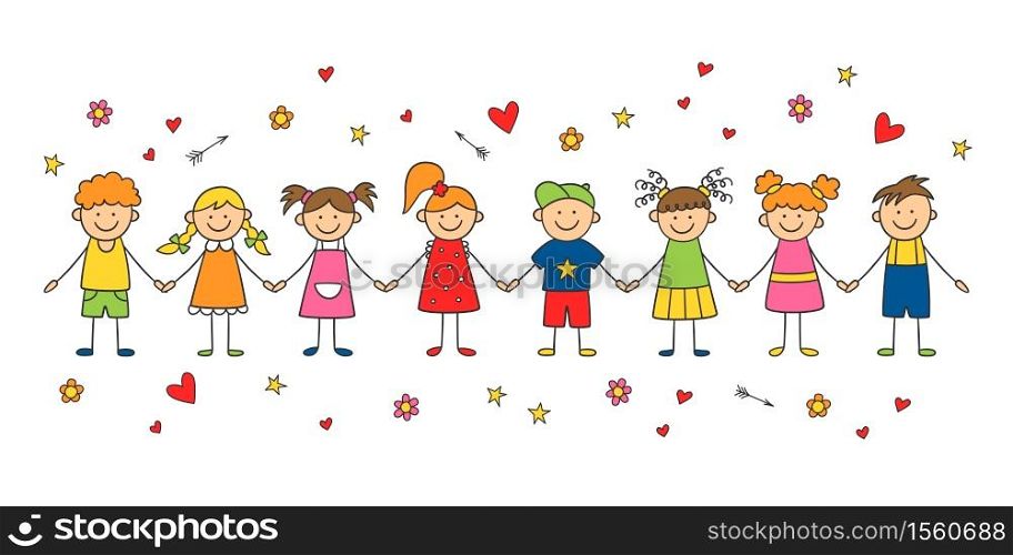 Group of funny children holding hands. Happy cute doodle kids. Isolated vector illustration in hand drawn style on white background. Group of funny kids holding hands. Friendship concept. Happy cute doodle children. Isolated vector illustration