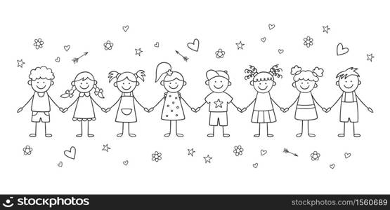 Group of funny children holding hands. Happy cute doodle kids. Isolated vector illustration in hand drawn style on white background. Group of funny kids holding hands. Friendship concept. Happy cute doodle children. Isolated vector illustration