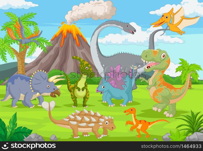 Group of funny dinosaurs in the jungle