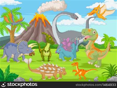 Group of funny dinosaurs in the jungle
