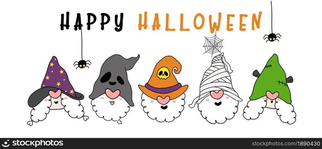 Group of funny Halloween Gnome in character costume, Happy Halloween banner, flat cartoon hand drawn doodle outline