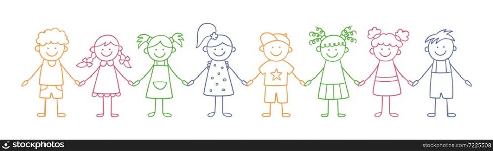Group of funny kids holding hands. Friendship concept. Happy cute doodle children. Isolated color vector illustration in hand drawn style on white background. Group of funny kids holding hands. Friendship concept. Happy cute doodle children. Isolated vector illustration