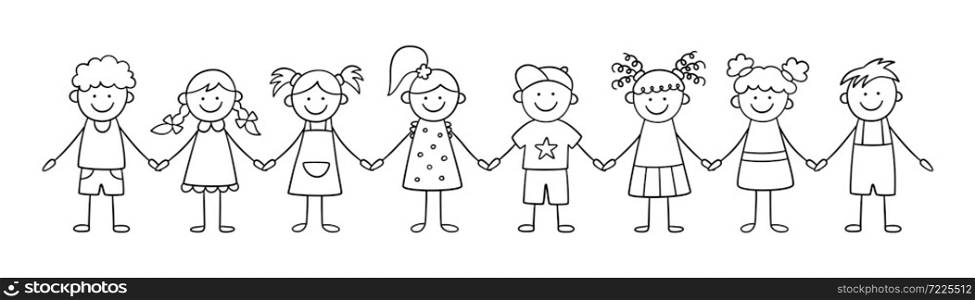 Group of funny kids holding hands. Friendship concept. Happy cute doodle children. Isolated vector illustration in hand drawn style on white background. Group of funny kids holding hands. Friendship concept. Happy cute doodle children. Isolated vector illustration
