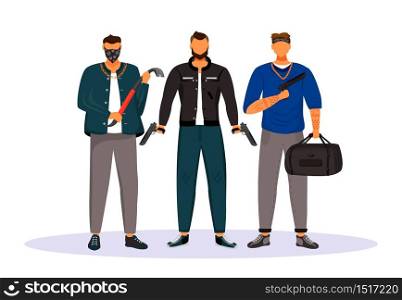 Group of gangsters flat color vector faceless character. Men with crowbar and handguns. Mob members with weapons. Criminals with guns. Criminal grouping. Isolated cartoon illustration