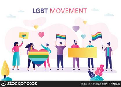 Group of gays and lesbians, activists on parade or protest. Fight for your rights,discrimination homosexual. Lgbt movement. Crowd of people on rally holding placards and flags.Flat vector illustration. Group of gays and lesbians, activists on parade or protest. Fight for your rights,discrimination homosexual. Lgbt movement