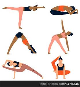 Group of girls doing yoga. Characters in different asanas. Vector illustration. Group of girls doing yoga. Characters in different asanas