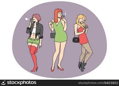 Group of girls in short dresses standing on street at night. Female prostitutes work outside. Vulgar girls in open apparel. Vector illustration.. Group of prostitutes outside