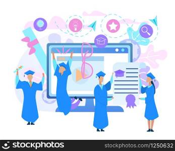 Group Of Graduation Students. Cartoon Young Guys and Girls Students Characters Celebrate. People In Academic Cap and Gown Hold Diploma On Monitor Background. Flat Vector Illustration Isolated On White. Cartoon Young Guys and Girls Students Graduation