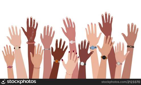 Group of hands and arms raised up of multi-ethnic and multicultural men and women with different skin color. Diversity of people. Community team. Racial equality. Multiracial people