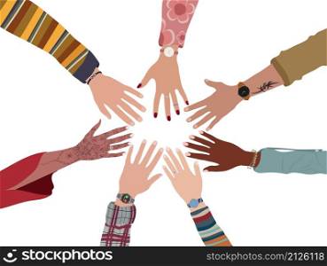 Group of hands in a circle of diverse multicultural multi-ethnic people.Team or community concept. Diversity of people in social networks.People of different race culture and ethnic group
