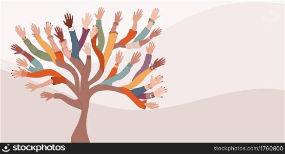 Group of hands of diverse and multi-ethnic people.Tree with branches made of human hands and arms.Community concept - racial equality - cooperation - friendship.Diversity people. Banner