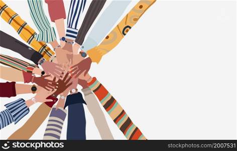 Group of hands on top of each other in a circle of people of diverse culture and race. Cooperation or agreements. Multiethnic colleagues or friends. Multicultural community team or society
