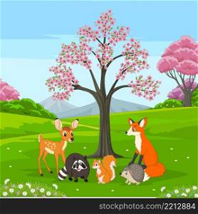 Group of happy animals cartoon in spring forest