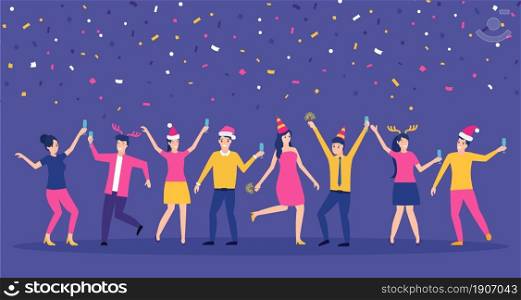 Group of happy business people at a Christmas and New Year s corporate party. Positive men and women dancing and having fun. Vector illustration in flat style. Group of happy business people