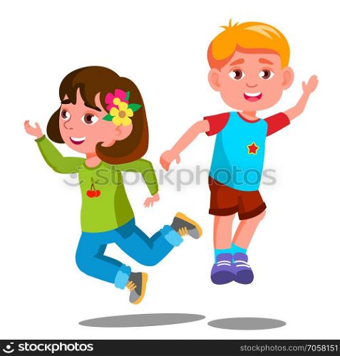 Group Of Happy Children Are Jumping Together Vector. Illustration. Group Of Happy Children Are Jumping Together Vector. Isolated Illustration
