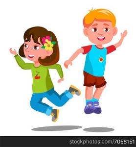 Group Of Happy Children Are Jumping Together Vector. Illustration. Group Of Happy Children Are Jumping Together Vector. Isolated Illustration