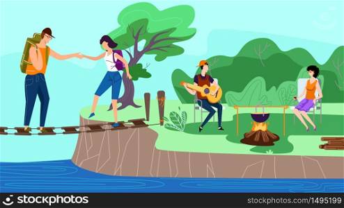 Group of Happy Friends Having Fun in Camp, Man and Woman with Backpacks Walk at Staggering Suspension Bridge, Summer Time, Vacation, Trip, Hiking Hobby, Outdoors. Cartoon Flat Vector Illustration. Group of Happy Friends Having Fun in Camp, Summer