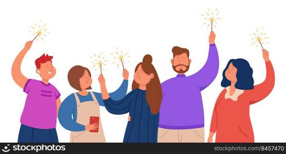 Group of happy friends standing with sparklers in hands. Office team celebrating success together flat vector illustration. Corporate party, company, meeting, firework concept