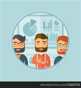 Group of happy hipster caucasian business people applauding after presentation in office on the background of board with graphs. Vector flat design illustration in the circle isolated on background.. Business people applauding at presentation.