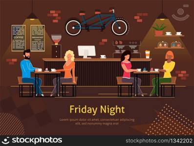 Group of Happy Men and Women Sitting at Bar, Talking and Drinking Alcoholic Beverages Banner Vector Illustration. Friends Having Fun at Pub Together. Friday Night in Cafe Interior.. Friends Having Fun at Pub Drinking Alcohol Banner.