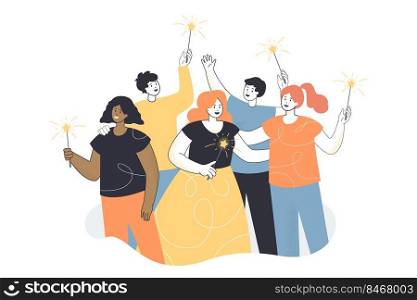 Group of happy office workers standing with sparklers in hands. Friends celebrating event together flat vector illustration. Women and men having festive team meeting. Corporate party, joy concept