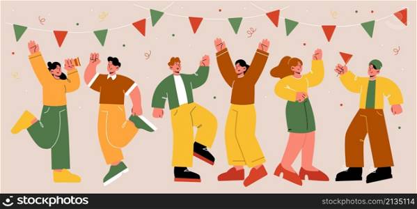 Group of happy people have fun and dance on party. Vector flat illustration of friends celebrate birthday or holiday together. Men and women with confetti, garland, megaphone and flag. Group of happy people have fun and dance on party