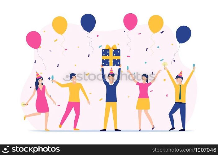 Group of happy people raising hands celebrating holiday. man hold gift box having fun with friends. Vector illustration in flat style. Group of happy people raising hands celebrating holiday