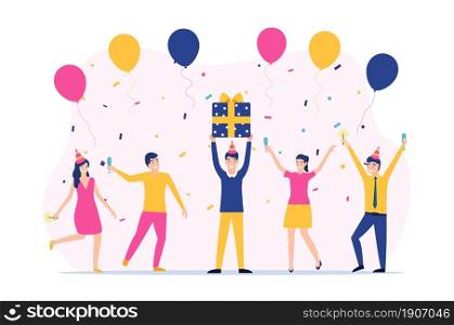 Group of happy people raising hands celebrating holiday. man hold gift box having fun with friends. Vector illustration in flat style. Group of happy people raising hands celebrating holiday