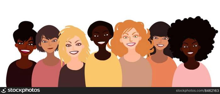 Group of happy smiling women of different race together. Flat style illustration isolated on white. Feminism diversity tolerance girl power concept.. Group of happy smiling women of different race together.