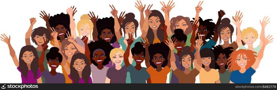 Group of happy smiling women of different race together. Flat style illustration isolated on white. Feminism diversity tolerance girl power concept.. Group of happy smiling women of different race together.