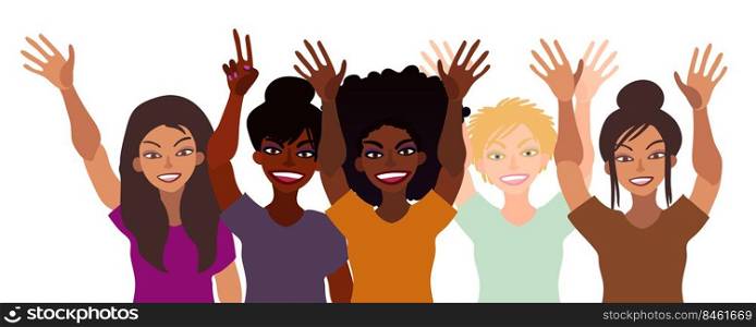 Group of happy smiling women of different race together holding hands up with piece sign, open palm. Flat style illustration isolated on white. Feminism diversity tolerance girl power concept.. Group of happy smiling women of different race