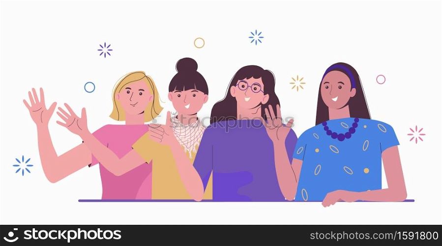 Group of happy young people hugging. Meeting women Friendship collaboration and team spirit. Friends unity. Cartoon flat vector illustration isolated on a white background.. Group of happy young people hugging. Meeting women. Friendship collaboration and team spirit. Friends unity. Cartoon flat vector illustration