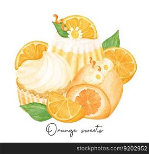 group of homemade orange favour sweets with fruit composition watercolour illustration vector banner isolated on white background.