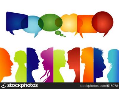 Group of isolated people in profile colored silhouette. Speech bubble. People talking. Communicate in social media. Talk on the net. To speak